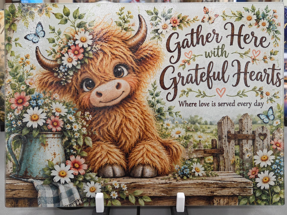 Highland Cow Glass Cutting Board – Gather Here with Grateful Hearts