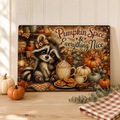 Pumpkin Spice Raccoon Glass Cutting Board – 15 × 11