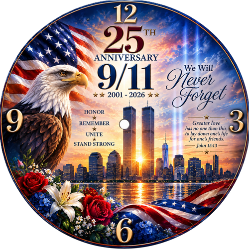 9/11 25th anniversary memorial glass wall clock design with eagle American flag Twin Towers and We Will Never Forget