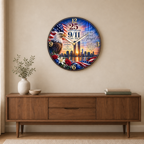 12 inch 9/11 25th anniversary glass wall clock memorial mockup