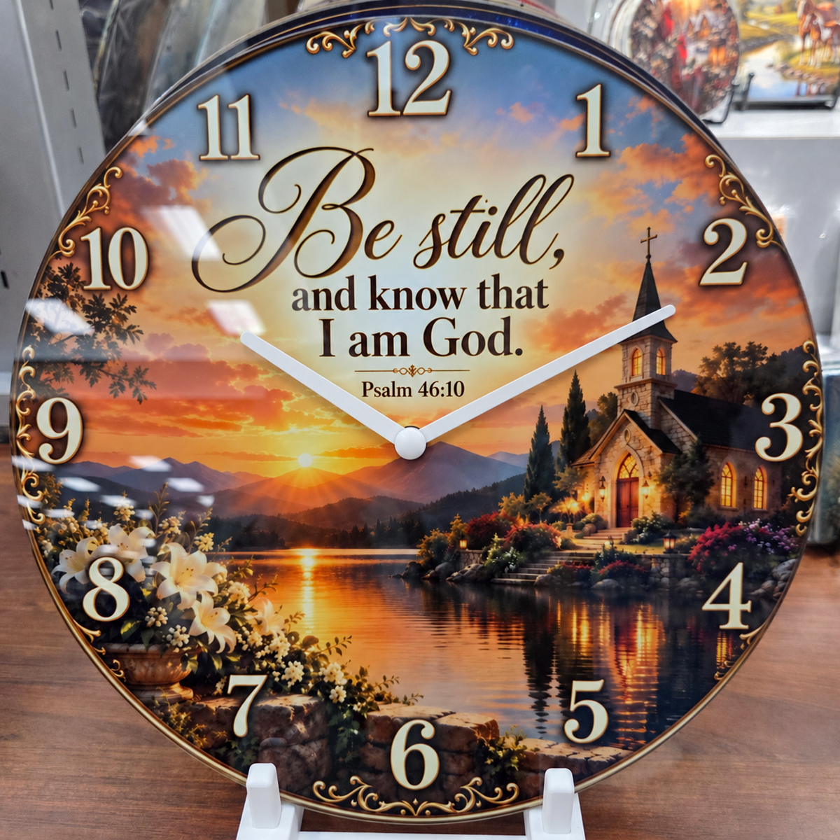 Be Still and Know Scenic Scripture Wall Clock – 12″ Glass