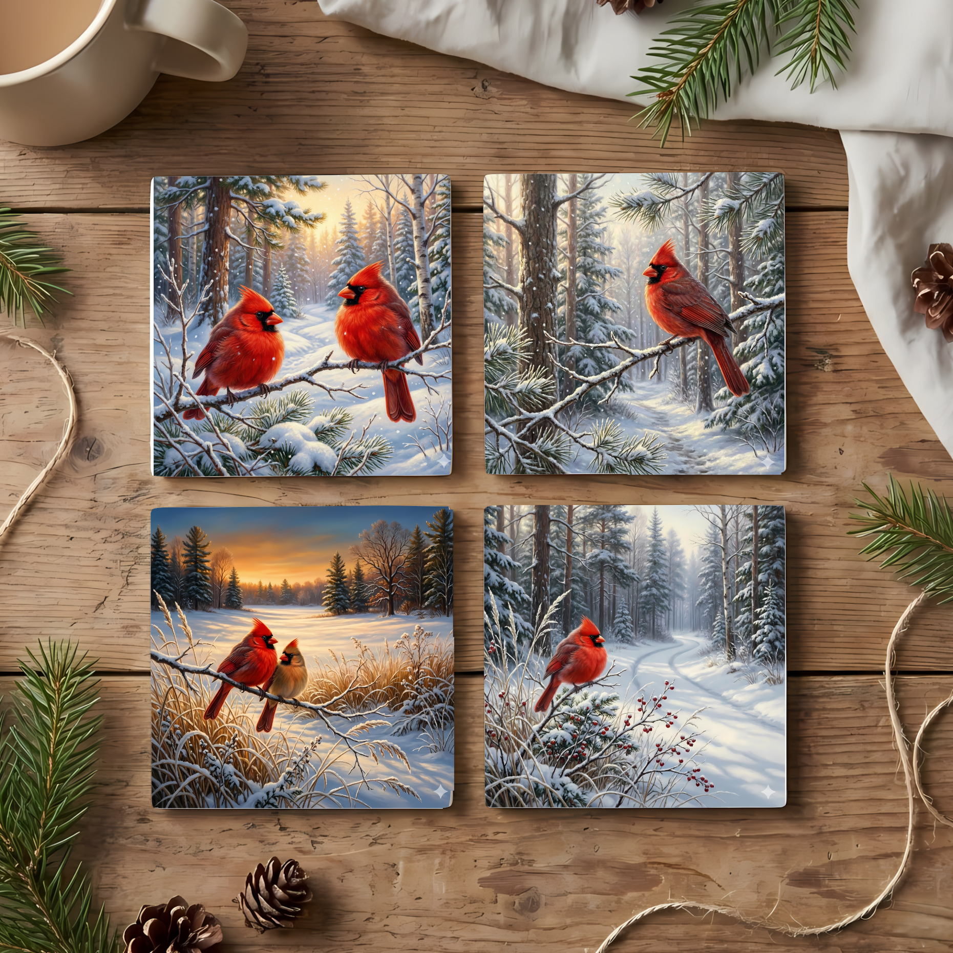 Winter Cardinals Woodland – Fine Art Ceramic Coasters (Set of 4)