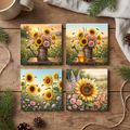 Fine Art Ceramic Coaster Set of 4 – Sunflower Bee Rustic Farmhouse Garden Decor