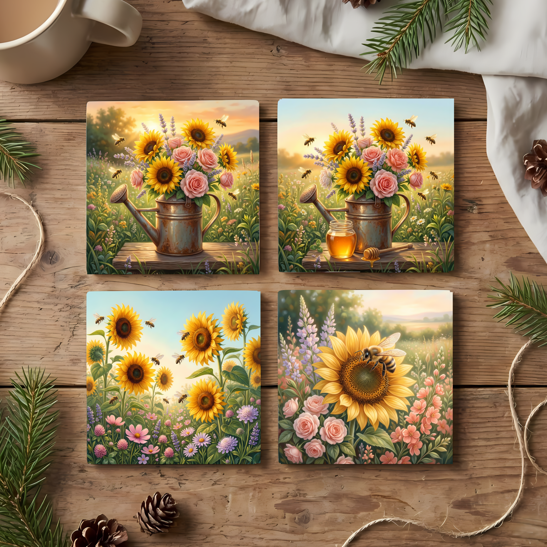 Fine Art Ceramic Coaster Set of 4 – Sunflower Bee Rustic Farmhouse Garden Decor
