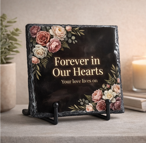 Forever in Our Hearts Memorial Slate – 6x6 Sympathy Gift – Floral Remembrance Plaque – Bereavement Keepsake Decor