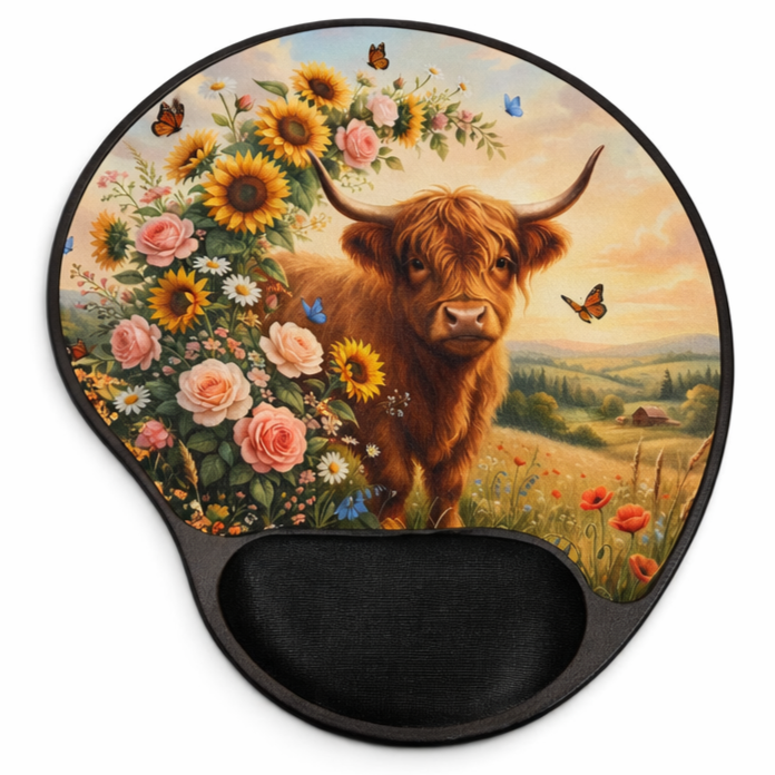 Highland Cow Floral Ergonomic Mouse Pad with Wrist Rest Tray