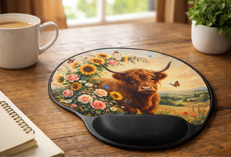 Highland Cow Floral Ergonomic Mouse Pad with Wrist Rest Tray