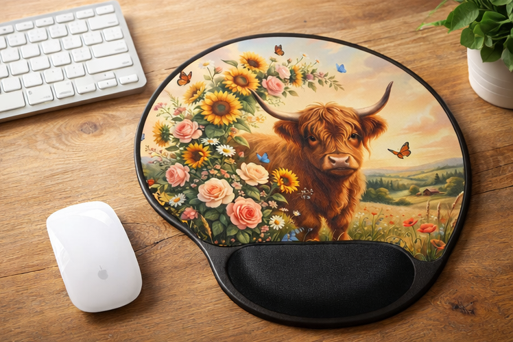 Highland Cow Floral Ergonomic Mouse Pad with Wrist Rest Tray