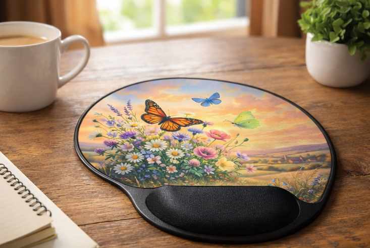 Butterfly Wildflower Ergonomic Mouse Pad with Wrist Rest – Removable Insert Desk Set