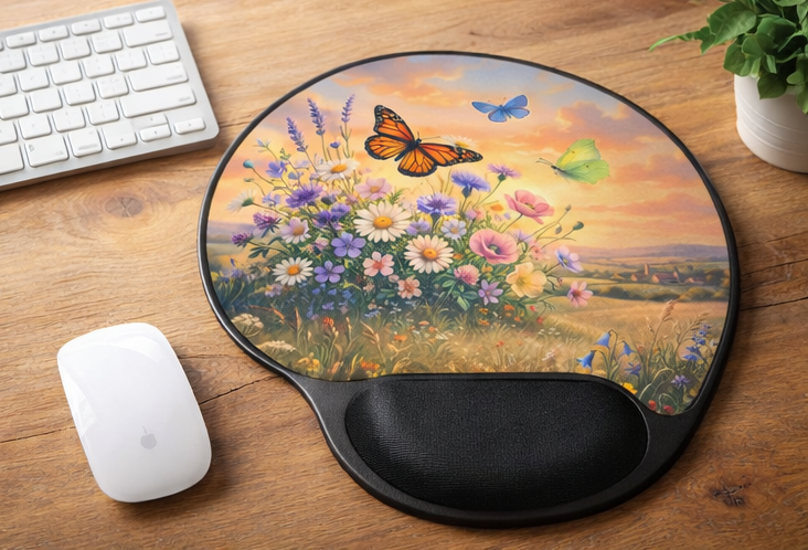 Butterfly Wildflower Ergonomic Mouse Pad with Wrist Rest – Removable Insert Desk Set