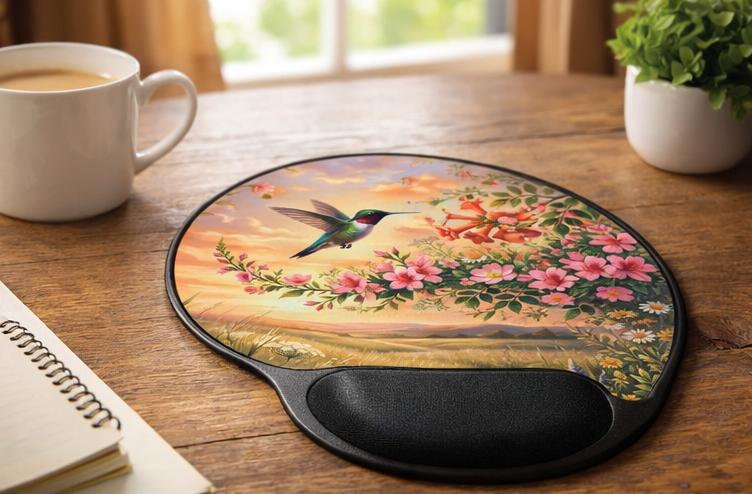 Hummingbird Floral Ergonomic Mouse Pad with Wrist Rest – Removable Insert Desk Set