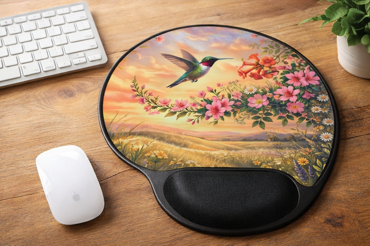 Hummingbird Floral Ergonomic Mouse Pad with Wrist Rest – Removable Insert Desk Set
