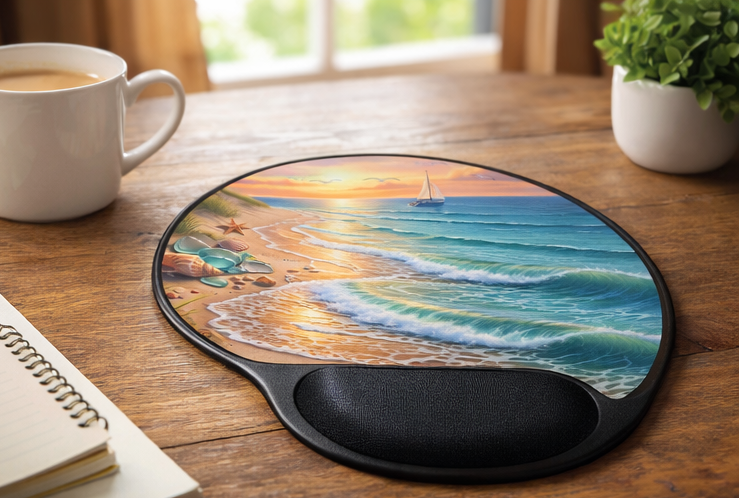 Coastal Beach Sunset Ergonomic Mouse Pad with Wrist Rest – Removable Insert Desk Set