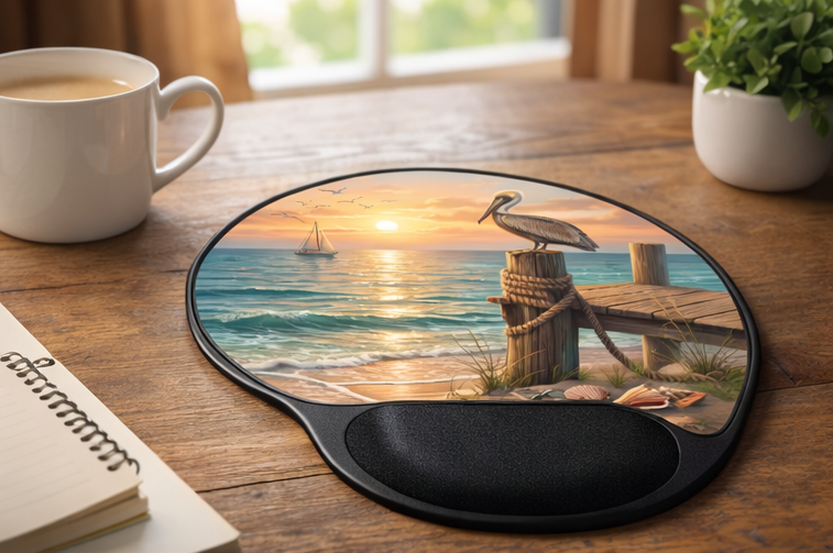 Pelican Coastal Sunset Ergonomic Mouse Pad with Wrist Rest – Removable Insert Desk Set
