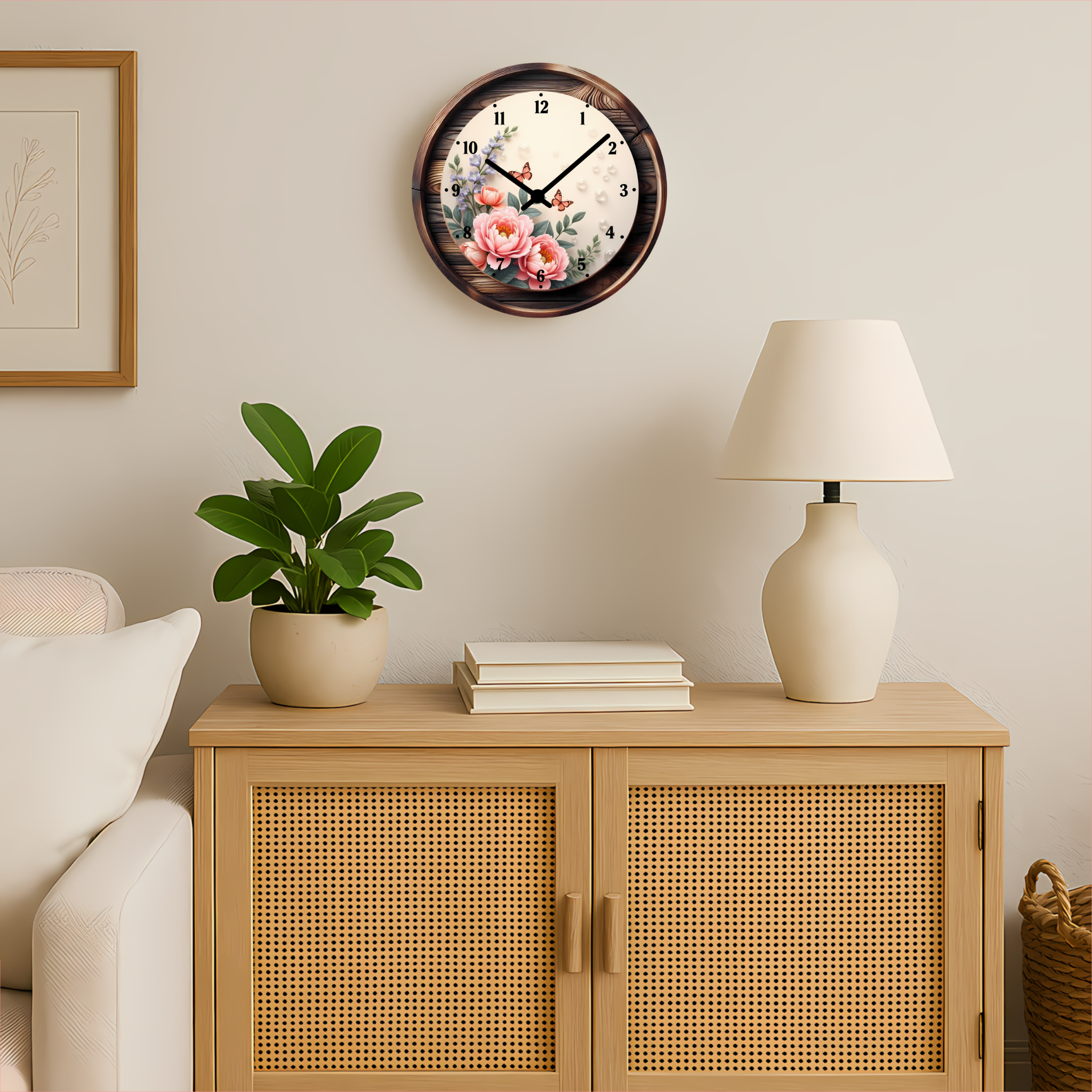 Vintage Floral Farmhouse Wall Clock – 12″ Glass, Silent Sweep