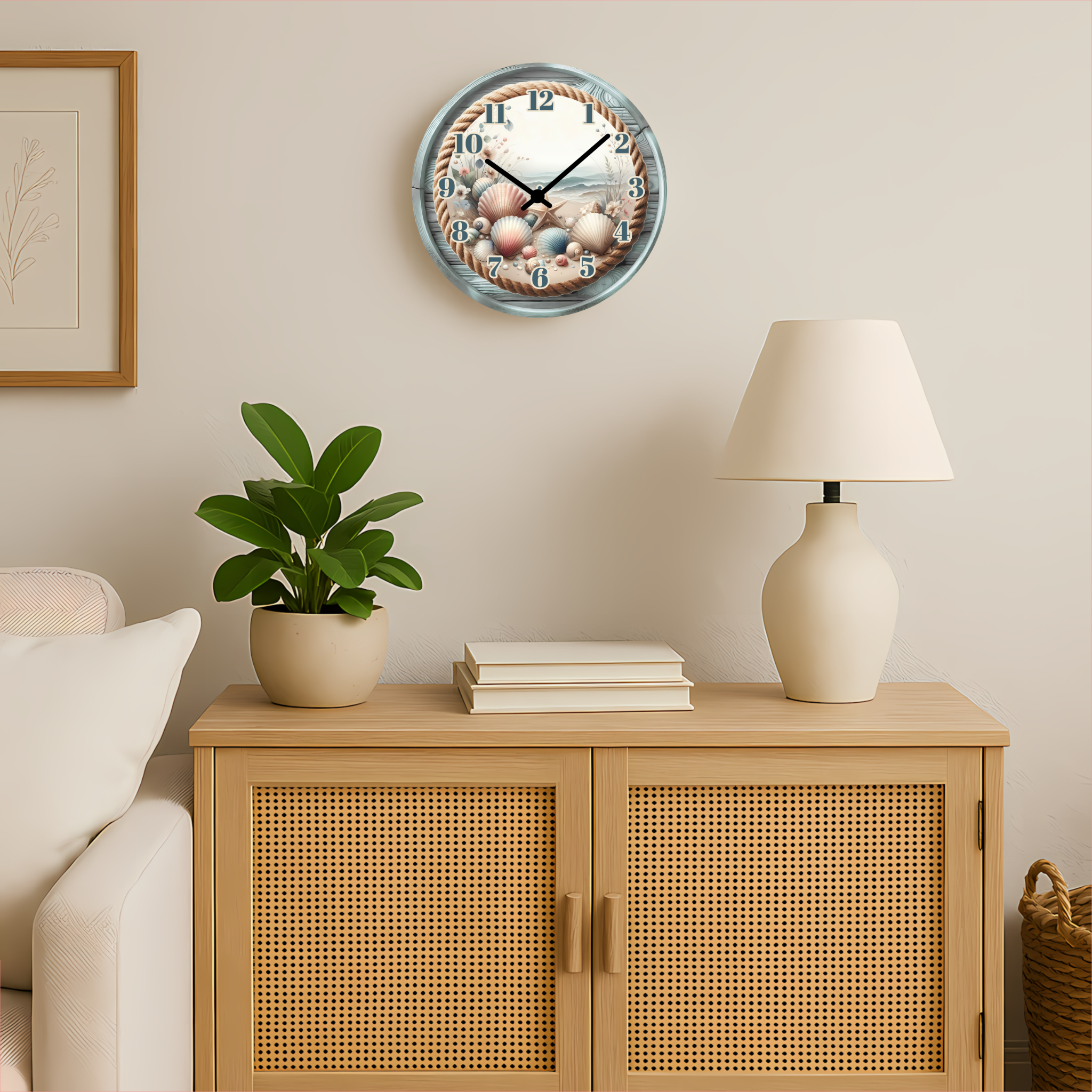 Coastal Seashell Wall Clock – 12″ Glass, Silent Non-Ticking