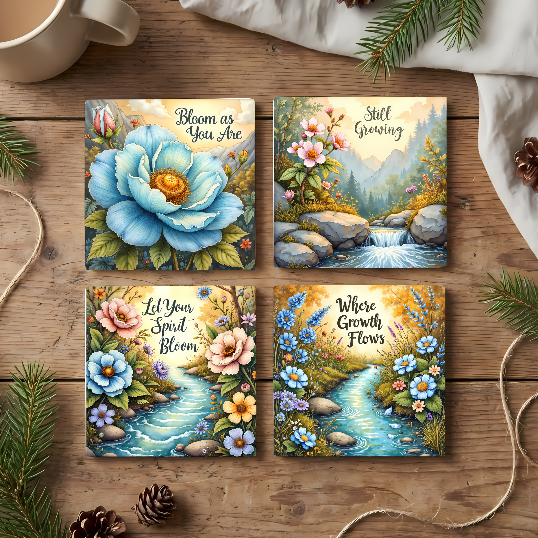 Bloom Where You Grow Floral Coaster Set – Fine Art Ceramic Coasters (Set of 4)