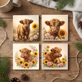 Fine Art Ceramic Coaster Set of 4 – Highland Cow Sunflower Farmhouse Decor
