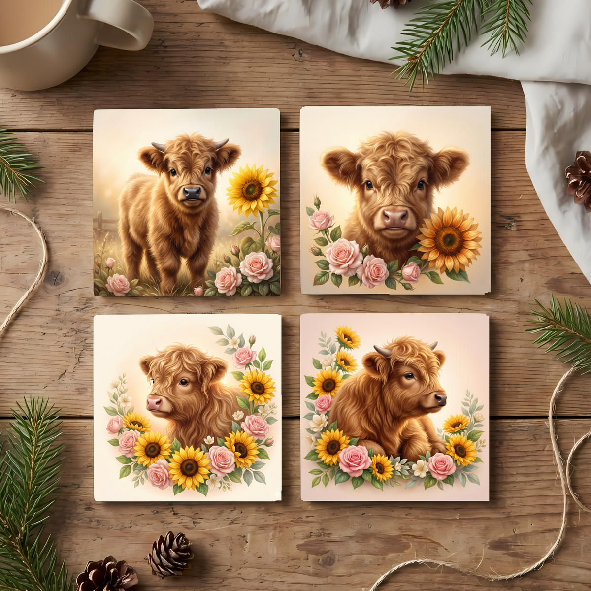 Fine Art Ceramic Coaster Set of 4 – Highland Cow Sunflower Farmhouse Decor