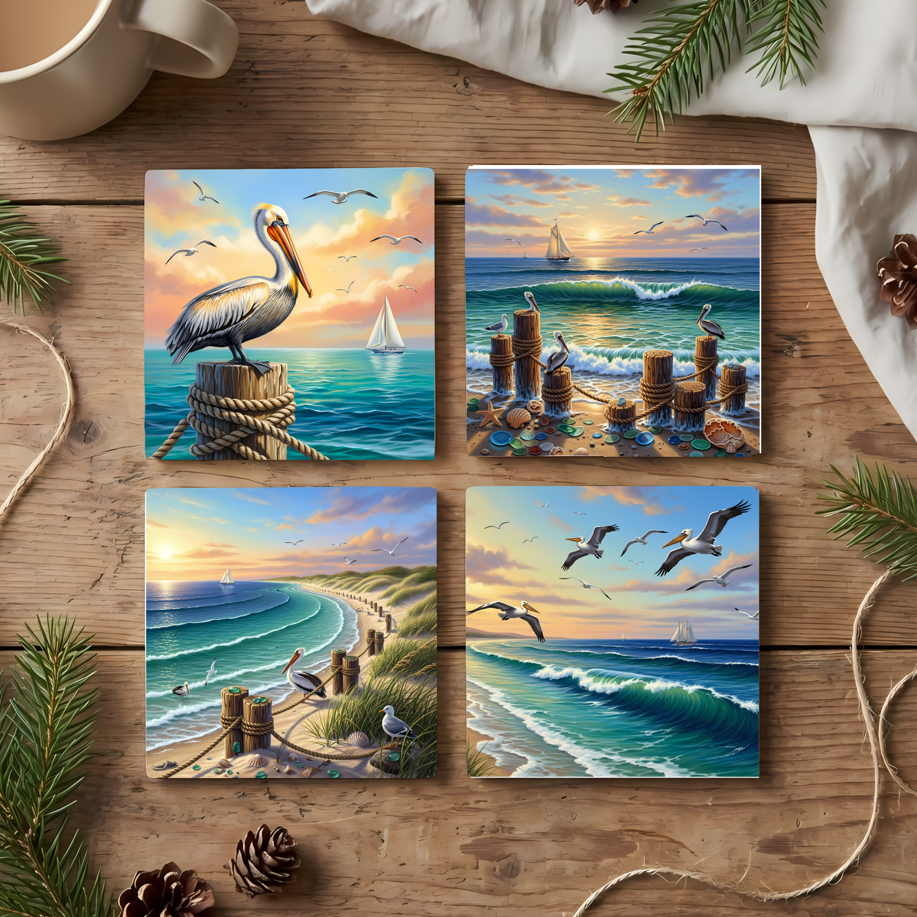 Coastal Pelican Seaside – Fine Art Ceramic Coasters