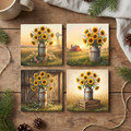 Fine Art Ceramic Coaster Set of 4 – Rustic Sunflower Farmhouse Milk Can Decor