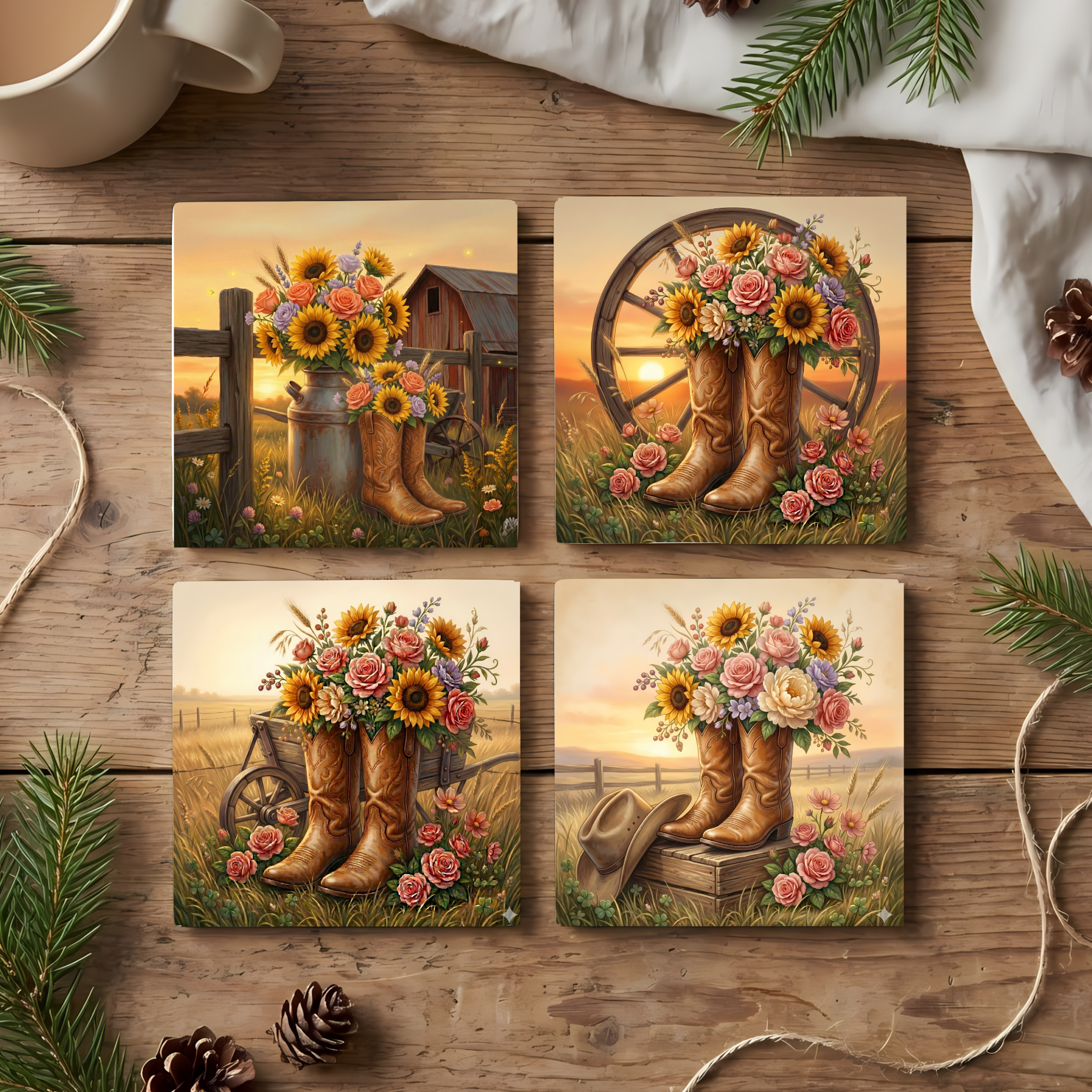 Rustic Cowboy Boots– Fine Art Ceramic Coasters (Set of 4)