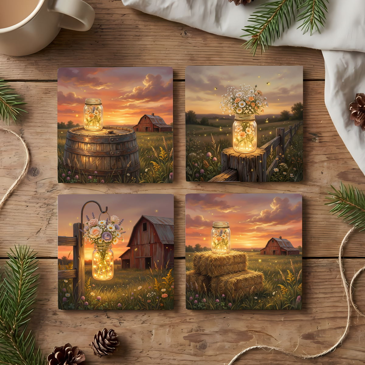 Fine Art Ceramic Coaster Set of 4 – Rustic Mason Jar Sunset Farmhouse Decor