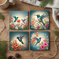 Fine Art Ceramic Coaster Set of 4 – Vibrant Hummingbird Floral Garden Decor