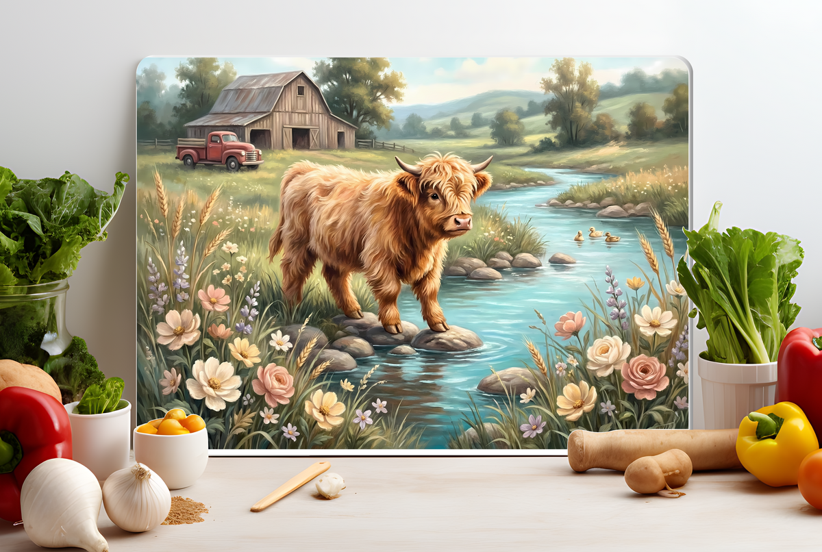 Highland Cow Farm Scene Glass Cutting Board – Rustic Country Kitchen Decor