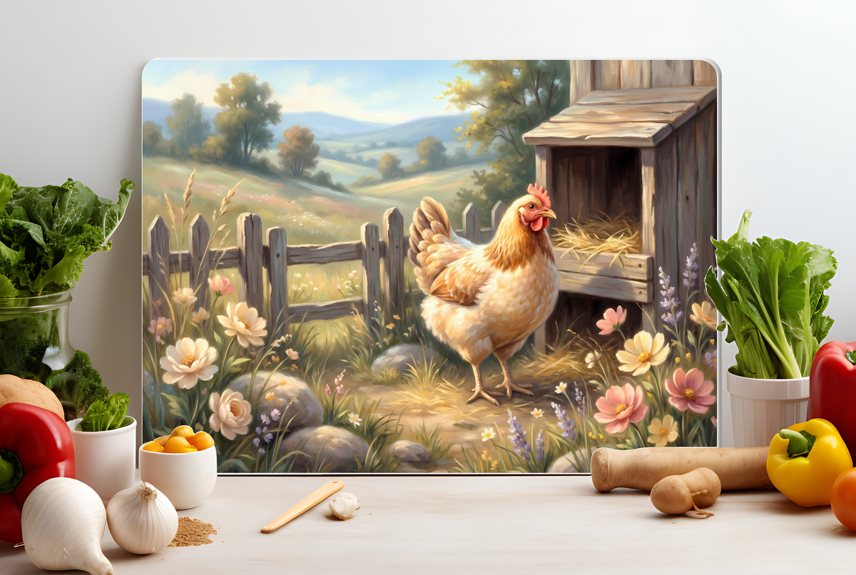 Hen and Wildflowers Glass Cutting Board – Farmhouse Kitchen Decor