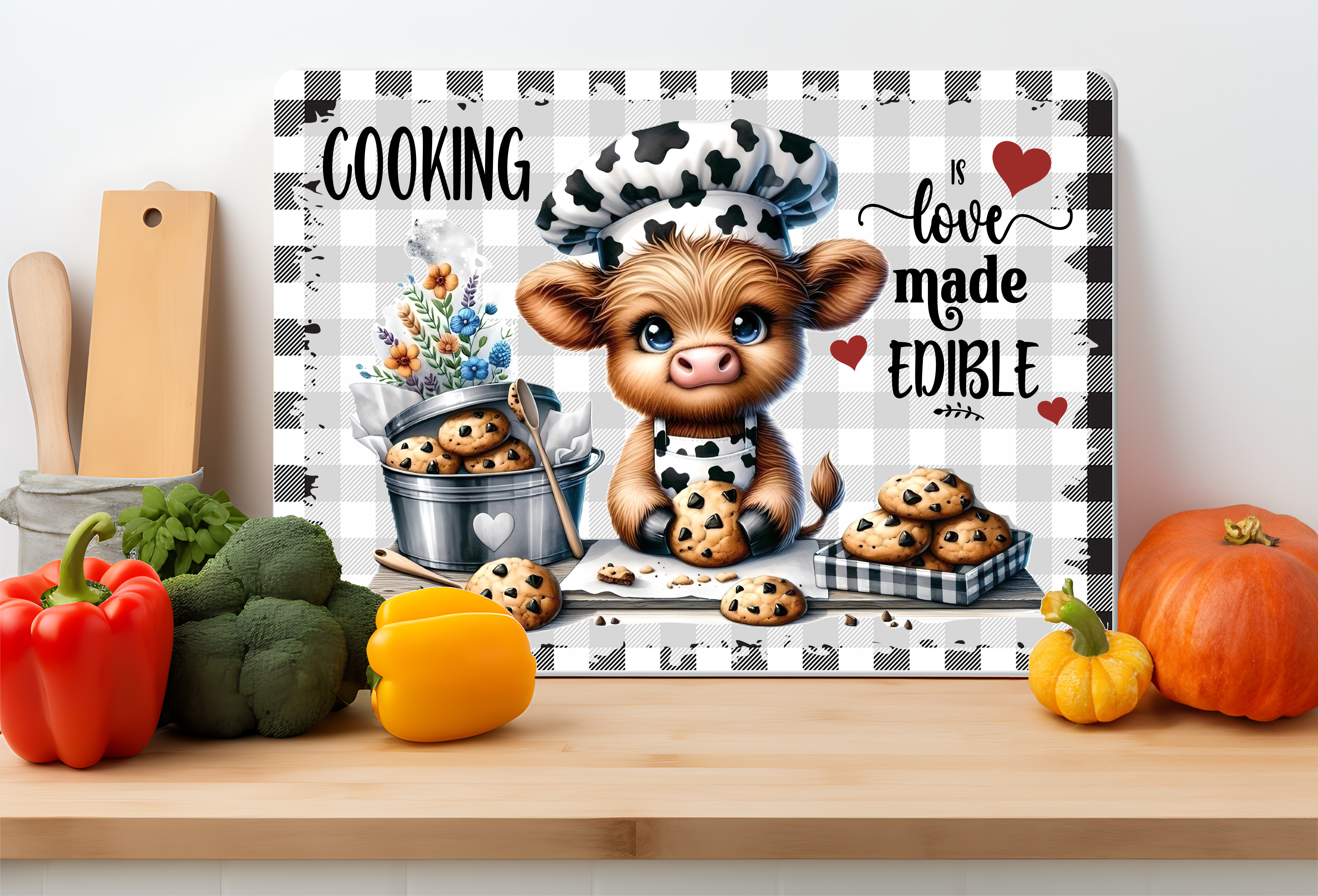Cooking Is Love Made Edible Highland Cow Glass Cutting Board