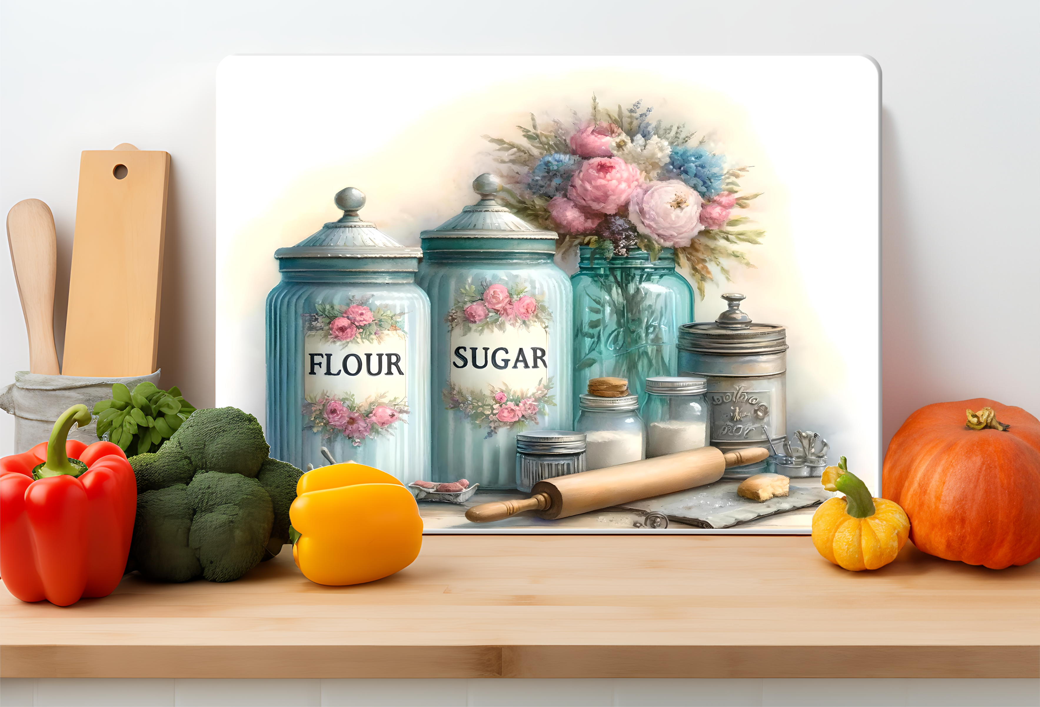 Vintage Floral Pantry Glass Cutting Board – Farmhouse Kitchen Decor