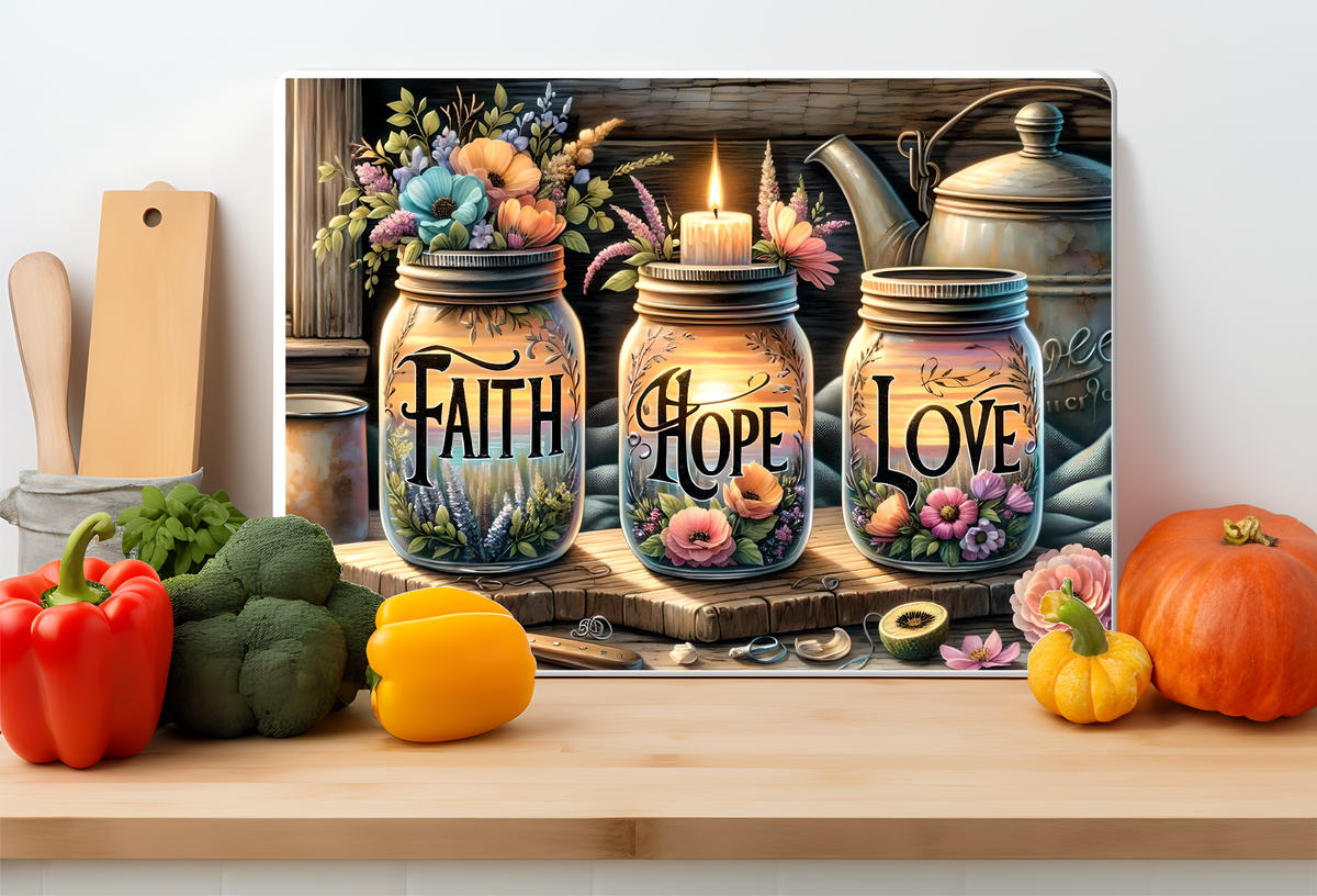 Faith • Hope • Love Mason Jar Floral Cutting Board – Farmhouse Kitchen Decor