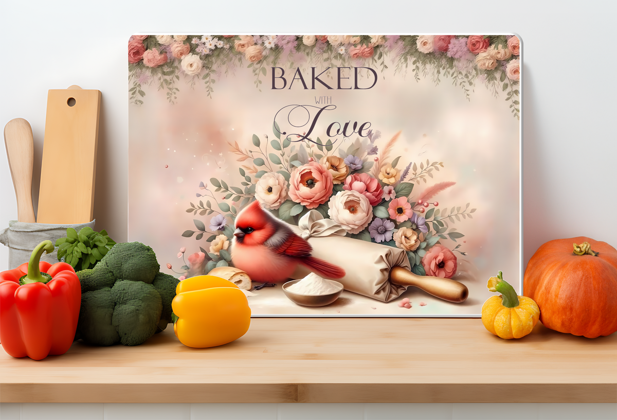 Baked With Love Cardinal Floral Glass Cutting Board