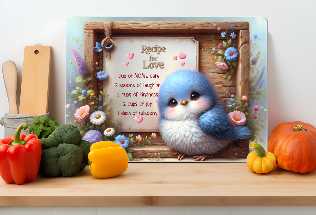 Recipe for Love Bluebird Glass Cutting Board