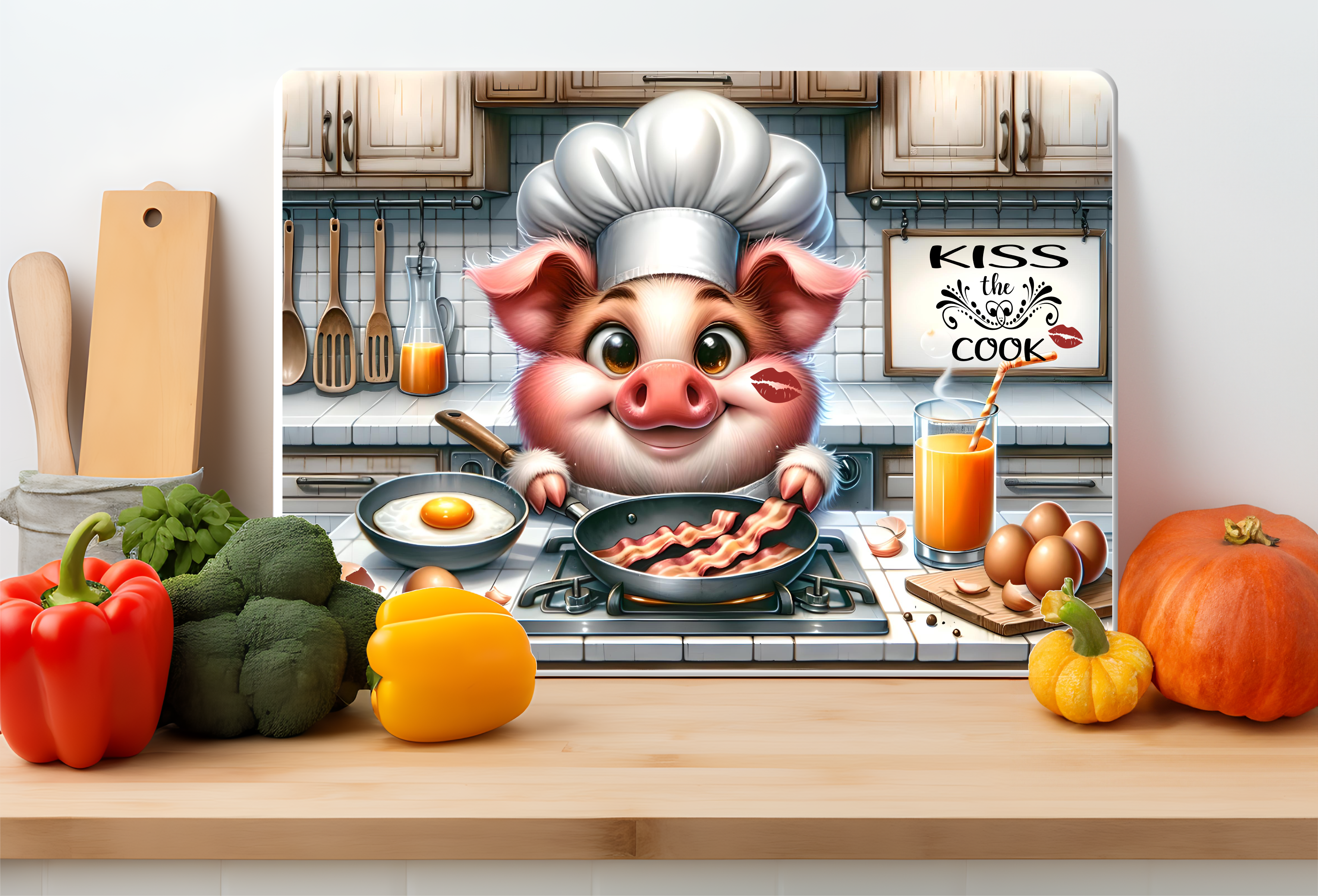 Kiss the Cook Pig Chef Glass Cutting Board