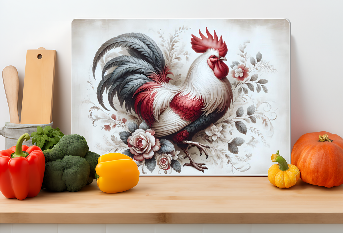Vintage Rooster Floral Glass Cutting Board