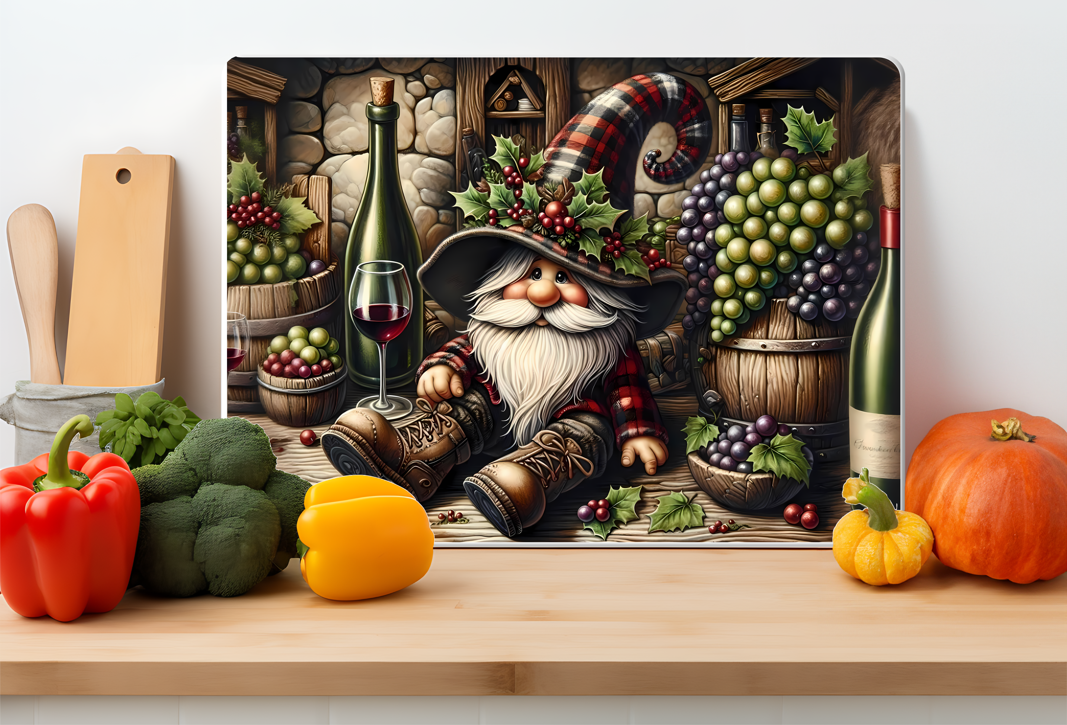Cozy Wine Cellar Gnome Glass Cutting Board