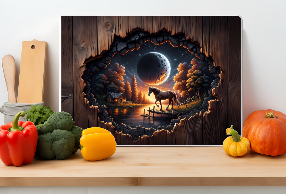 Moonlit Horse Cabin Glass Cutting Board