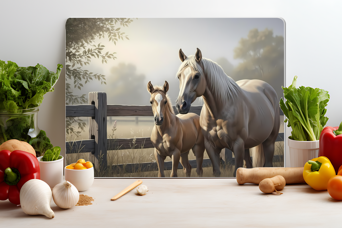 Summer Horse & Foal Glass Cutting Board – Farmhouse Kitchen Decor