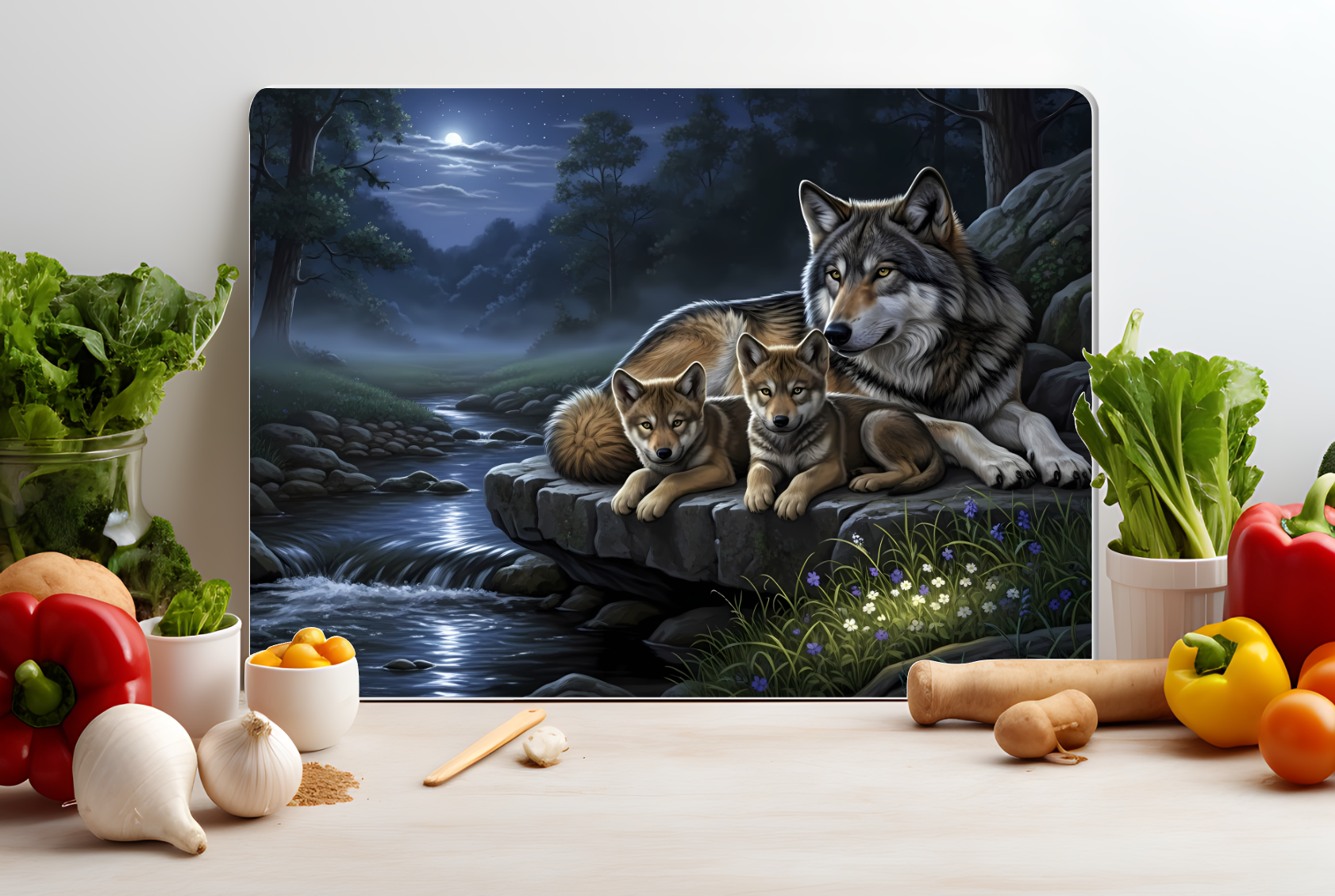 Wolf Family Cutting Board – Wildlife Night Scene Glass Board