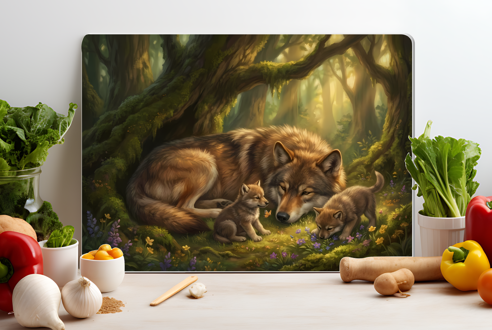 Mother Wolf & Pups Woodland Glass Cutting Board