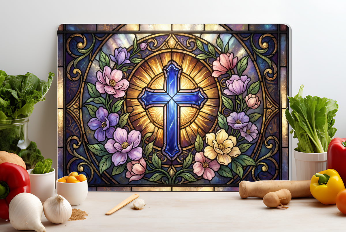 Stained Glass Cross Glass Cutting Board – Faith-Inspired Kitchen Decor