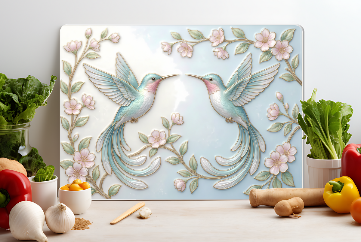 Hummingbird Pair Glass Cutting Board – Elegant Floral Bird Kitchen Decor