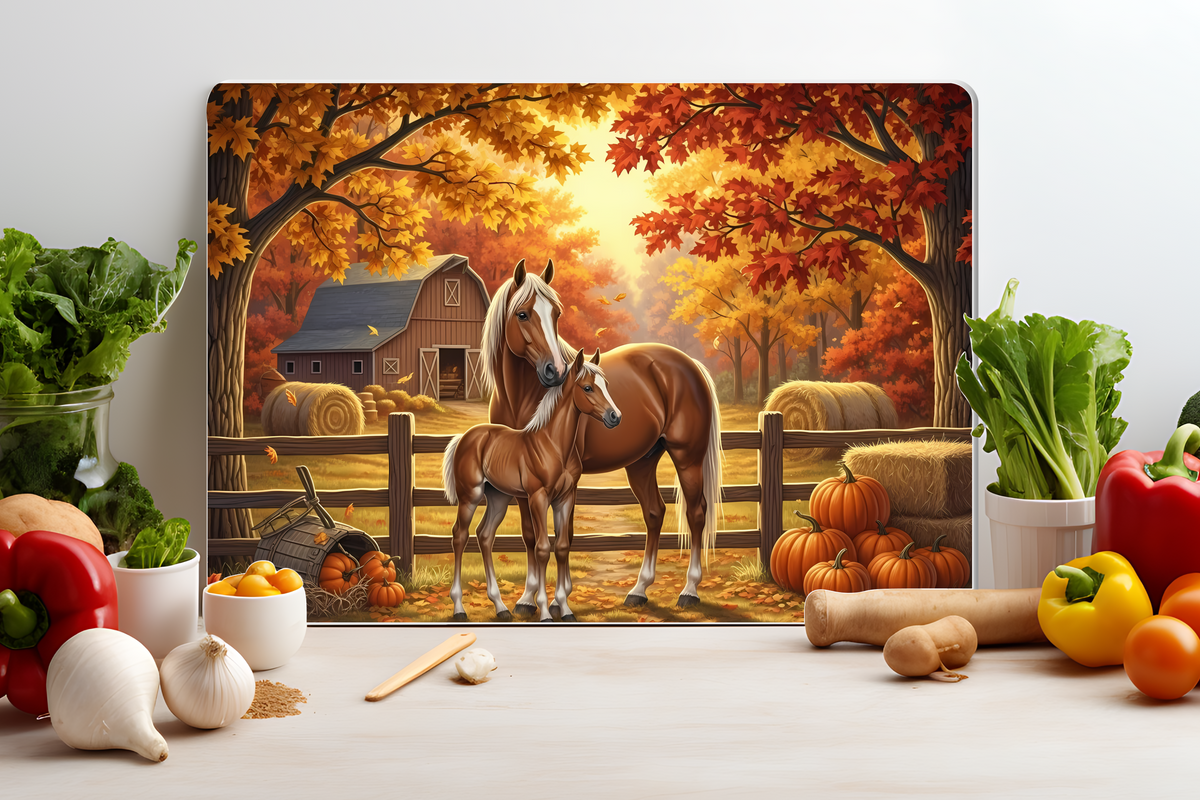 Fall Horse & Foal Glass Cutting Board – Farmhouse Kitchen Decor