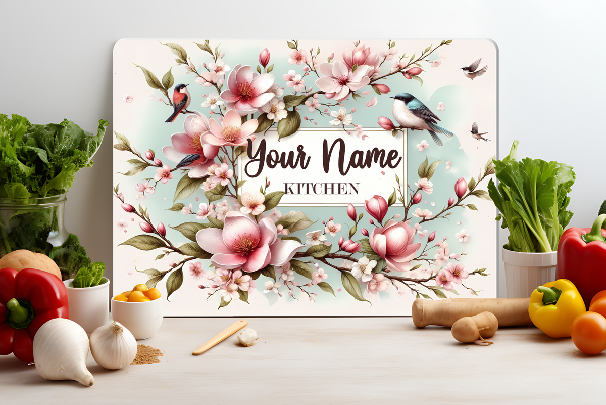 Personalized Floral Birds Glass Cutting Board – Custom Name Kitchen Decor