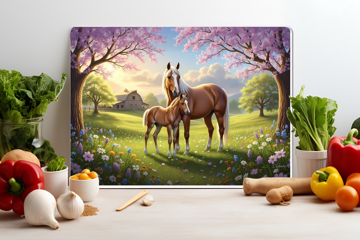 Spring Horse & Foal Glass Cutting Board – Farmhouse Kitchen Decor
