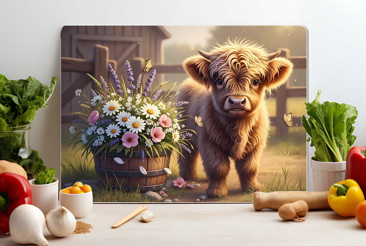 Highland Cow Glass Cutting Board – Rustic Farm Kitchen Decor