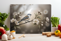Songbird on Blossoming Branch Glass Cutting Board – Neutral Floral Kitchen Decor