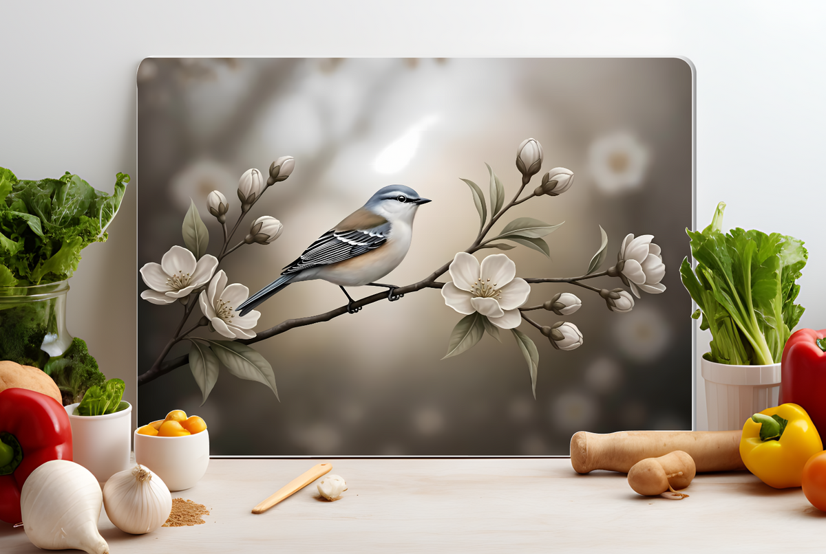 Songbird on Blossoming Branch Glass Cutting Board – Neutral Floral Kitchen Decor